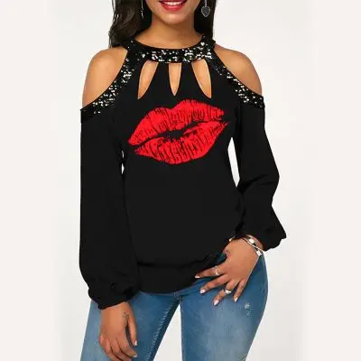 

New Women Long Sleeve Tops plus size women casual spliced blouse Casual Loose Off Shoulder Plus Size top women blouse fashion