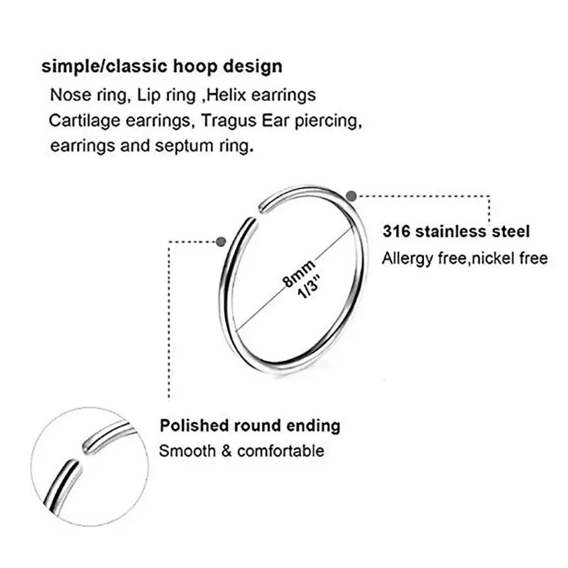 

40Pcs 20G Assorted Colorful Stainless Steel Nose Hoop Ring Body Piercing Jewelry T84A