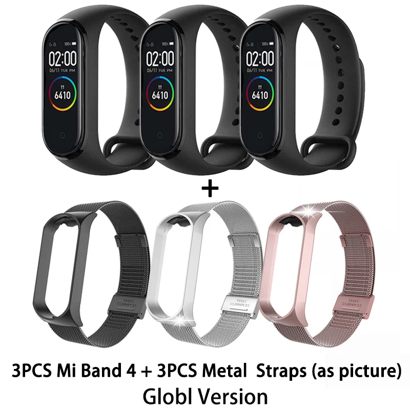 GB BK MetalStrap3set Xiaomi mi-браслет 4 сердечного ритма фитнес цветной сенсорный экран mi Band 4 умный Браслет 135 мАч Bluetooth 5,0 музыкальный браслет - Цвет: GB BK MetalStrap3set