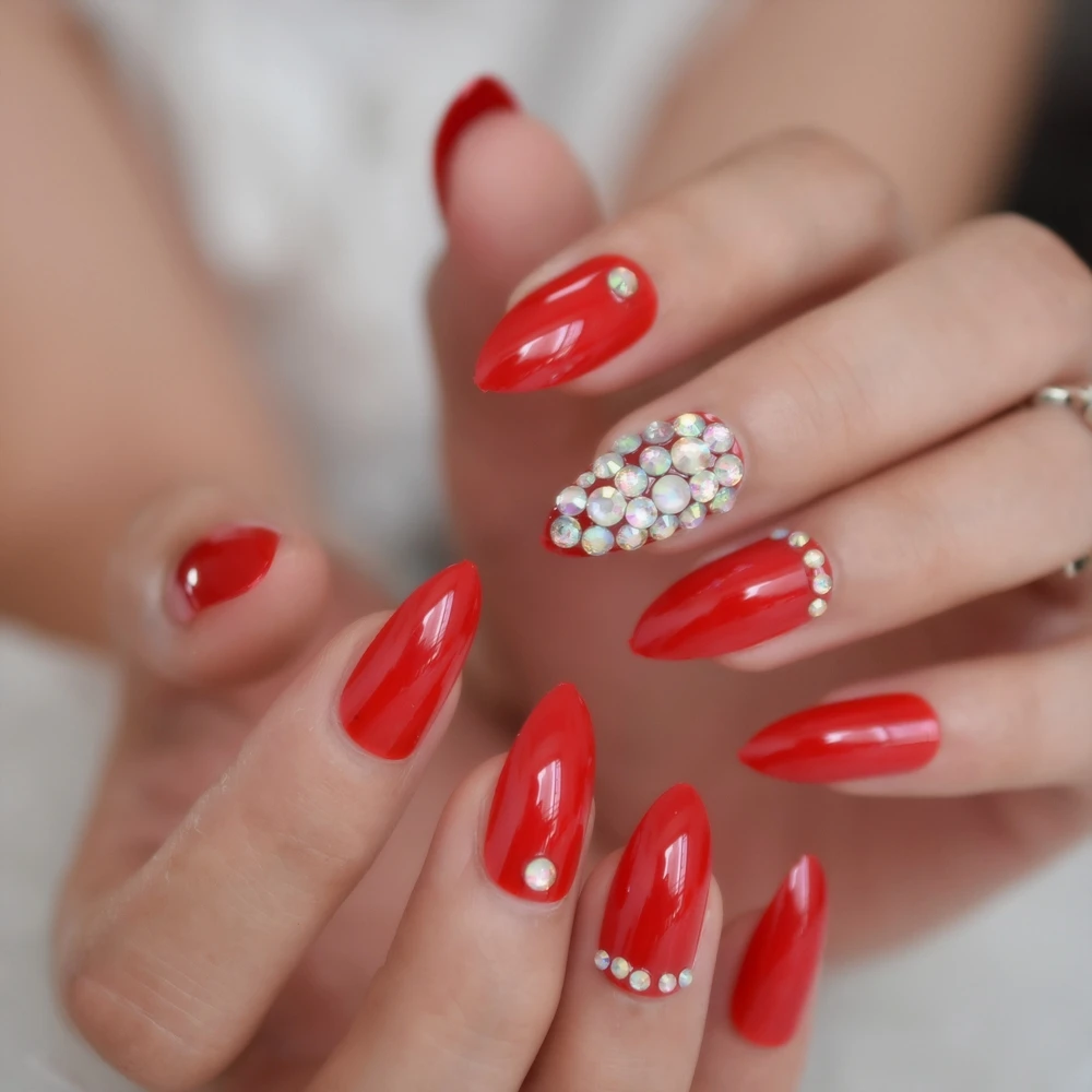 

IMABC 24Pcs/Set Stiletto Medium Pure Red Color Diamond Mixed Charming Wholesale Full Cover Nails Gels Nails