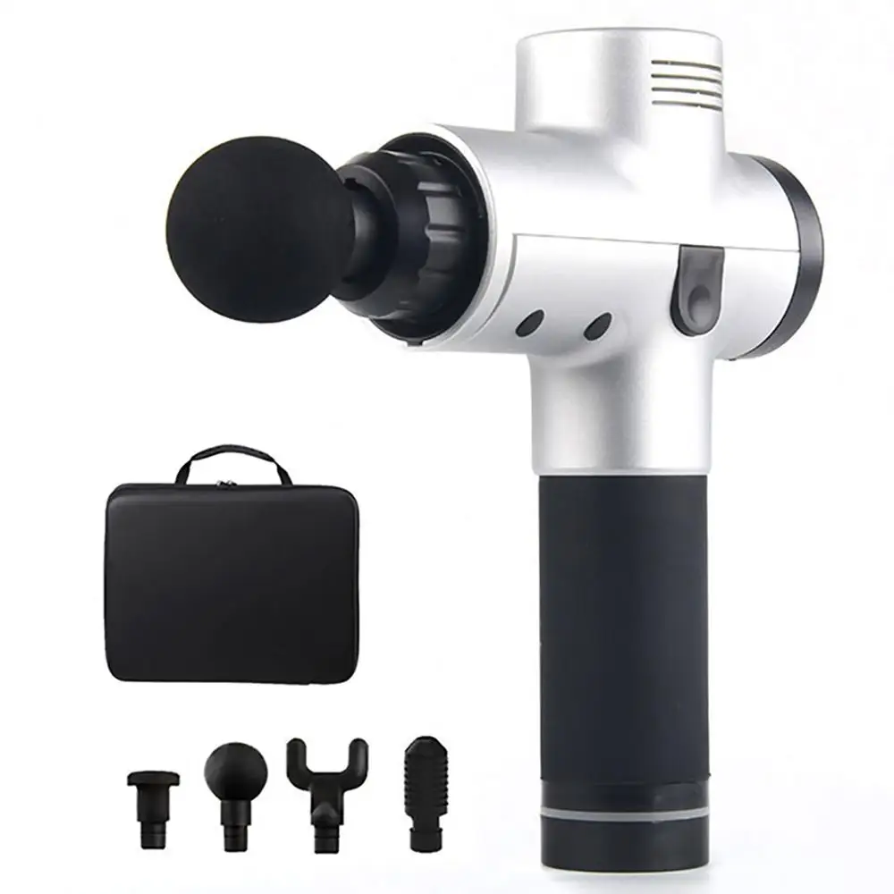 Silver Массаж мышц пистолет Спортивная терапия массажер Расслабление тела облегчение боли похудение формирование Массажер 4 головы с сумкой - Цвет: Silver