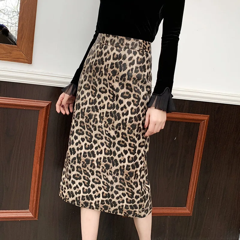 

Women's Spring Autumn High quality Genuine leather Leopard Skirts Sexy women High-rise leather pencil skirt C641