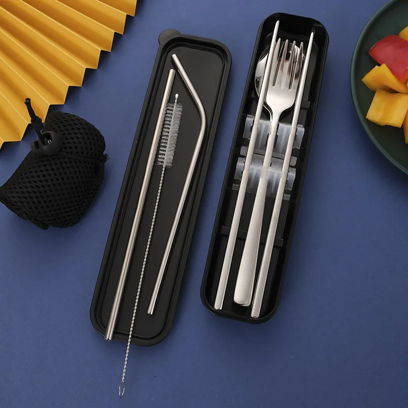 

6pcs/set Drinking Straw 304 Stainless Steel Straws Straight Bent Metal Straw with Cleaner Brush Spoon fork chopsticks