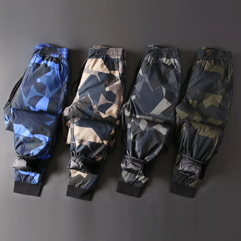 

Мужские брюки с камуфляжным принтом, эластичный пояс на шнуровке, бархатные утепленные штаны на белом утином пуху, 2022