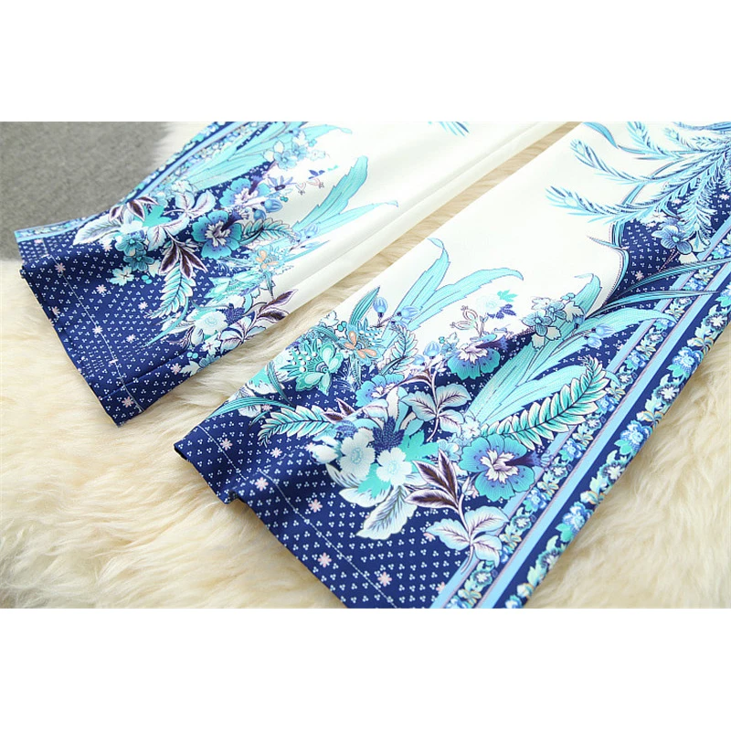 

2020 Spring Runway Women Set Fashion New Long Sleeve Indie Folk Print Vintage Blouse and Flare Pants 2Piece Set Lady Outfits