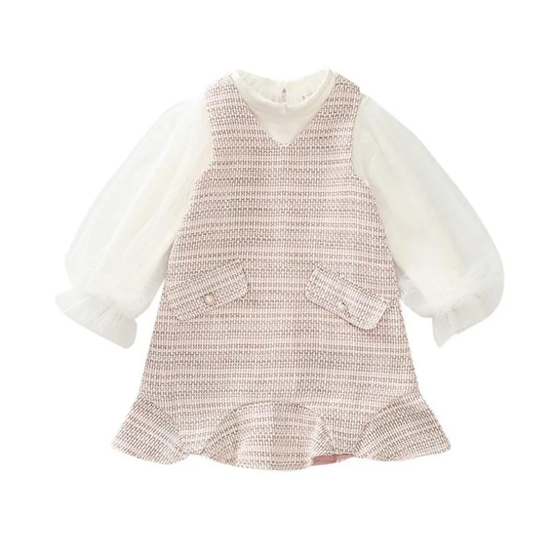 

DFXD Autumn Fashion 2pc Princess Girls Sets For 3-12Yrs Mesh Puff Sleeve Shirt+Fragrance Ruffles Vest Dress Big Girl Clothes Set