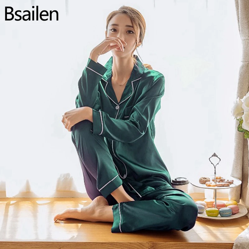 Bsailen пижамы 2 шт. Осенняя Женская одежда для сна из искусственного шелка и сатина пижамный комплект с длинным рукавом пижама костюм Женская домашняя одежда