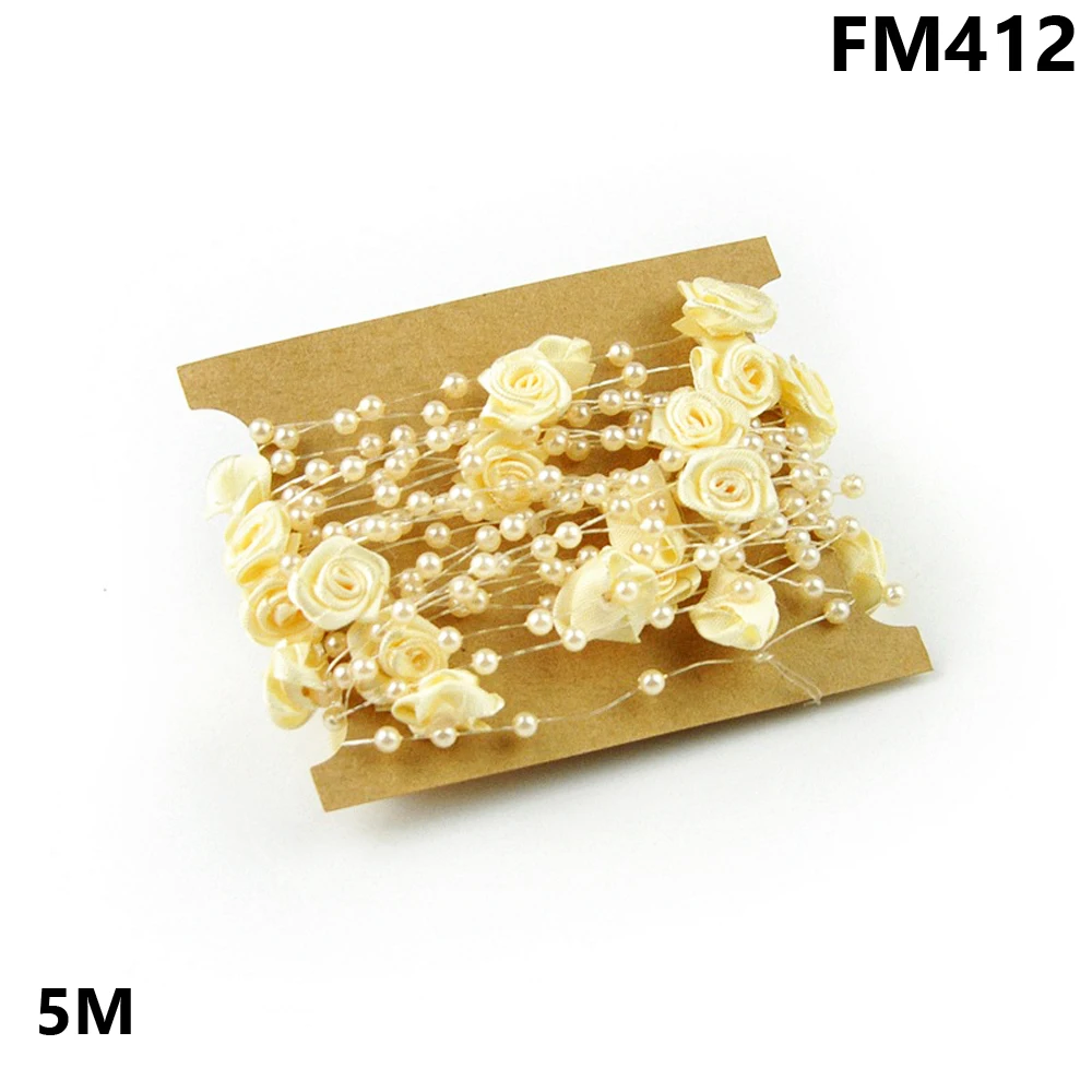 FM412 5 м бежевая/белая леска, искусственная цепочка с жемчужными бусинами, гирлянда, цветы, сделай сам, Свадебный декор, Свадебный букет цветов - Цвет: FM412