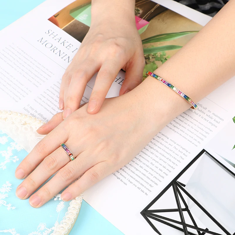 CZ Теннисный браслет кольца для женщин золотой цвет радуга горный хрусталь