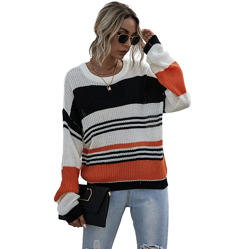 

Tricolor striped sweater women's loose long sleeve autumn winter new style