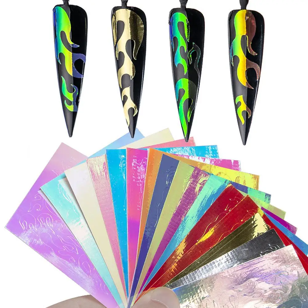 

16PCS Holographic Fire Flame Nail Vinyls Stencil Hollow Stickers Laser Silver Stripe Sticker DIY Foil Decal Sticker Beauty Nail