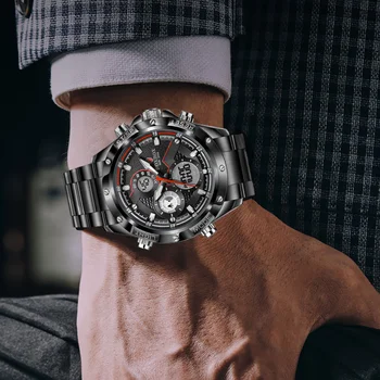 2022 FOXBOX Men Watch Top Brand Luxury Dual Display Stainless Steel Sport Wristwatch For Men Waterproof Luminous Quartz Clock Other Image