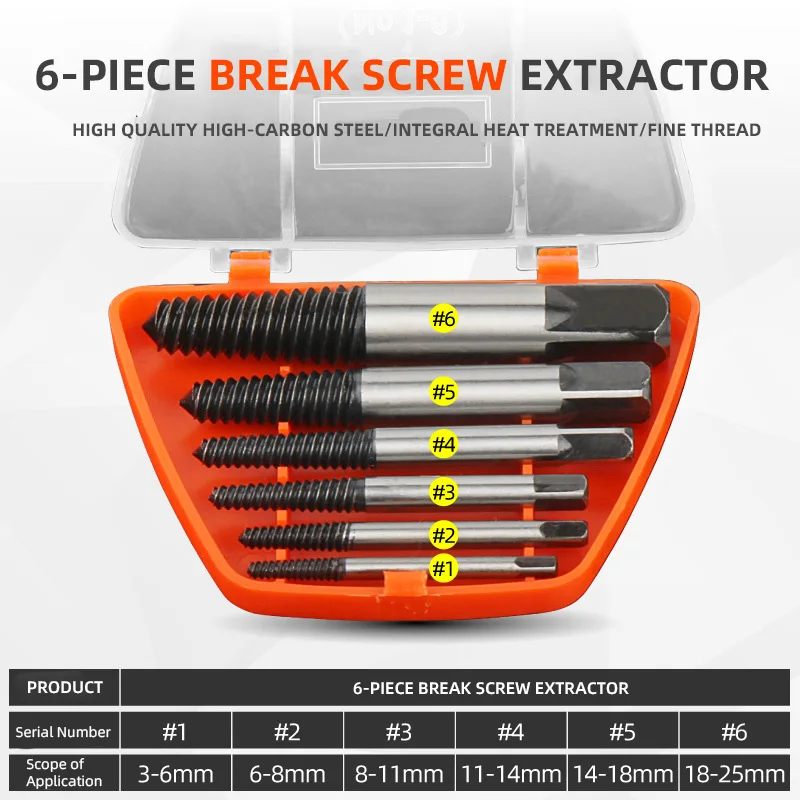 

6pcs double side drill out damaged screw extractor,take-off device, slide wire, take-off screw,#1 #2 #3 #4 #5 #6 With Case