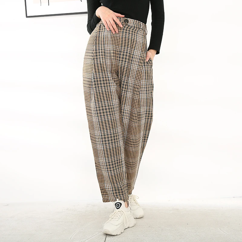 [EAM] High Waist Khaki Plaid Long Pleated Leisure Trousers New Loose Fit Pants Women Fashion Tide Spring Autumn 2021 1H09404