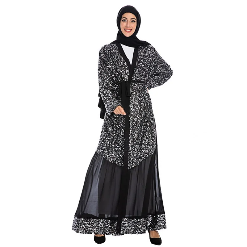 Испанская мода женский халат с блестками мусульманское платье арабский турецкий женский кардиган халат арабский с длинным рукавом тонкое ...