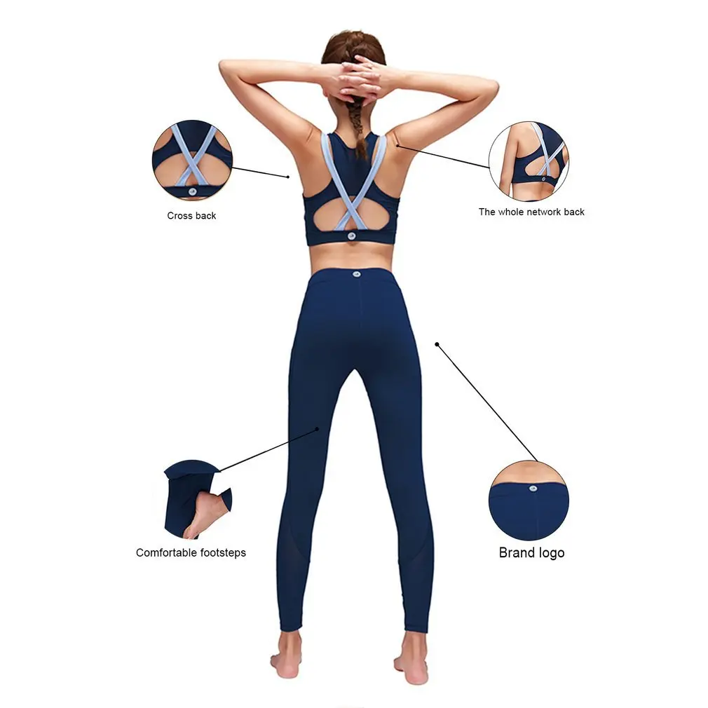 

Women Yoga Set Bra Pants Elastic Fitness Clothing Sport Clothes Push Up Bra Cross Shoulder StrapSky blue+Dark blue(Dark blue)