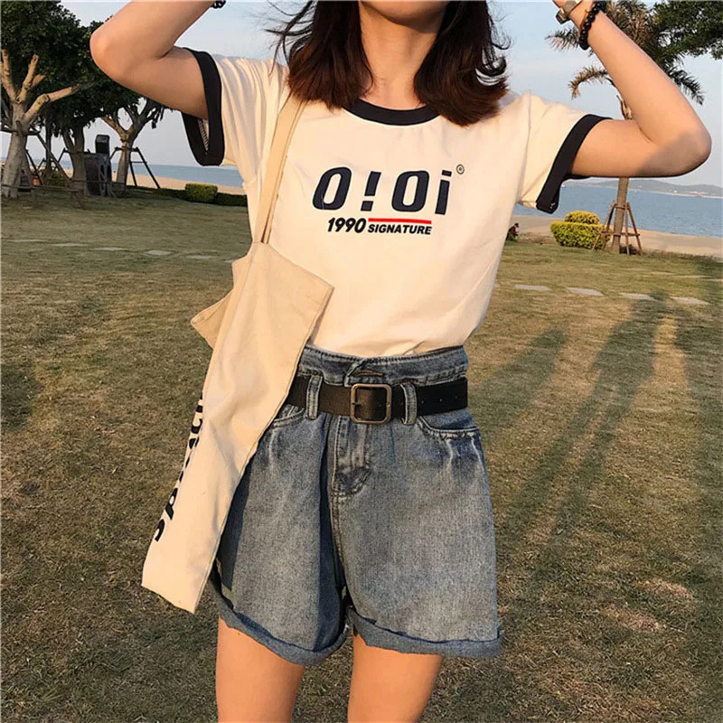 

Letter Printed Causal Patchwork O-neck College Wind 2020 Summer Hot Sale Short Sleeve Female Women Basic Top T-Shirts
