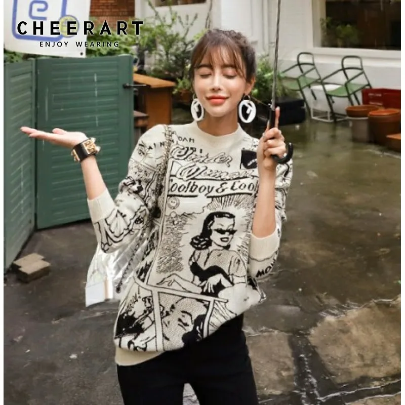 Женский вязаный пуловер с принтом черарт белый свитер в Корейском стиле на зиму