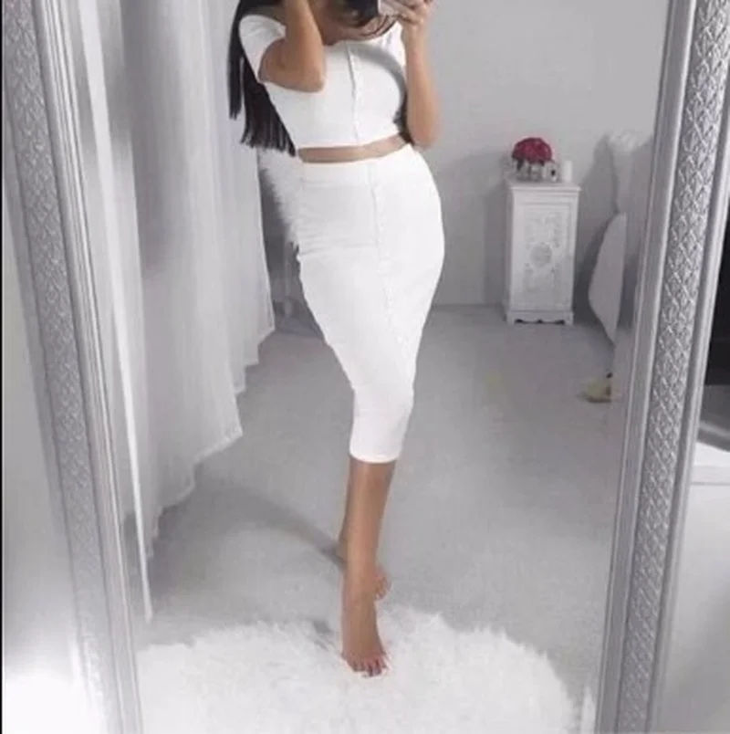 

Donsignet Fashion Women's Summer Sexy Neck Short Casual T-shirt Conjunto Feminino Women Crop Top and Skirt Set Two Piece Outfits