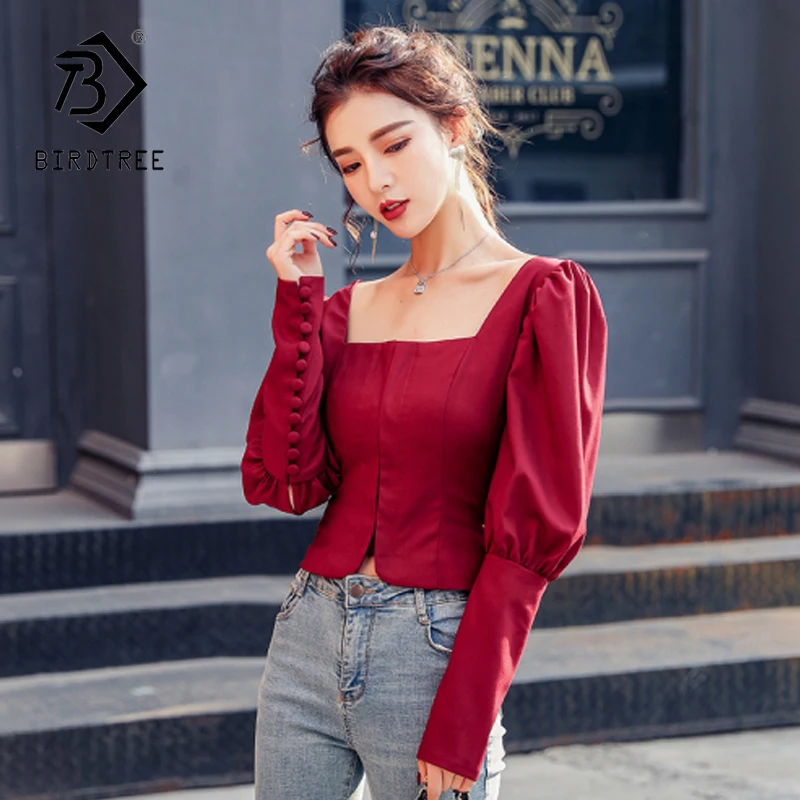 Женская элегантная винтажная рубашка с квадратным воротником и пышными рукавами