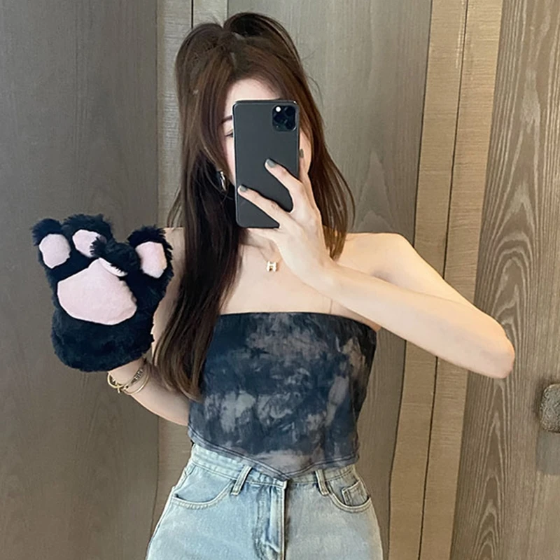 

2021 Summer New Design Sense Tie-Dyed Printed Irregular off-Neck Inner Wear Outer Wear Wrapped Chest Tube Top for Women