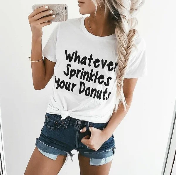 

New Whatever Sprinkles Your Donuts Letter Printing T-Shirts For Men Summer 2017 Casual Grey Cotton T Shirts Male&Female Tees