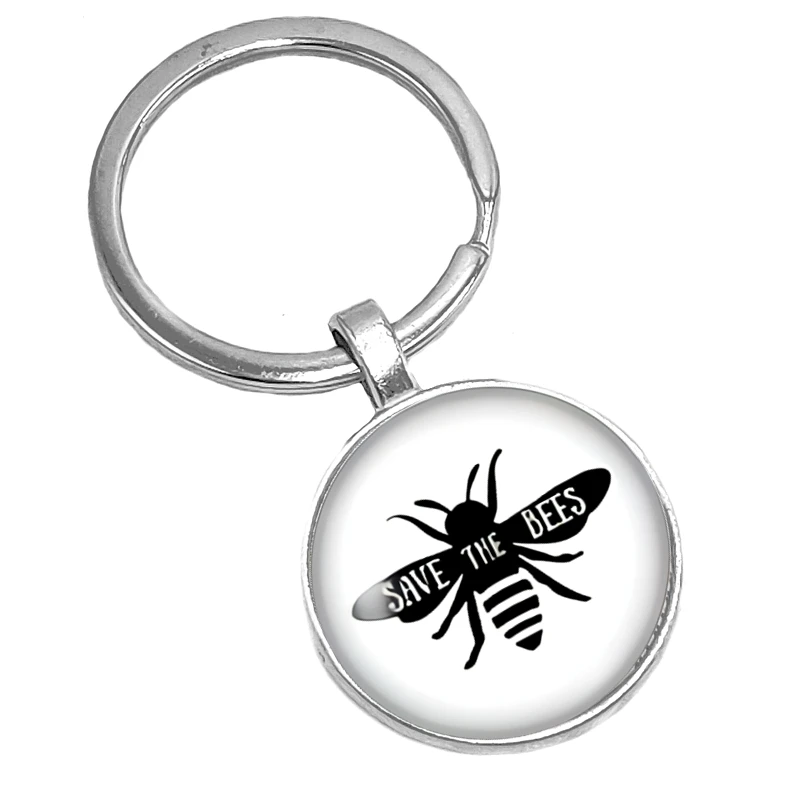 

2020 Hot Sale Fashion Cute Little Bee Keychain Glass Convex Round Bee Queen Pattern Unisex Key Ring Jewelry Gift