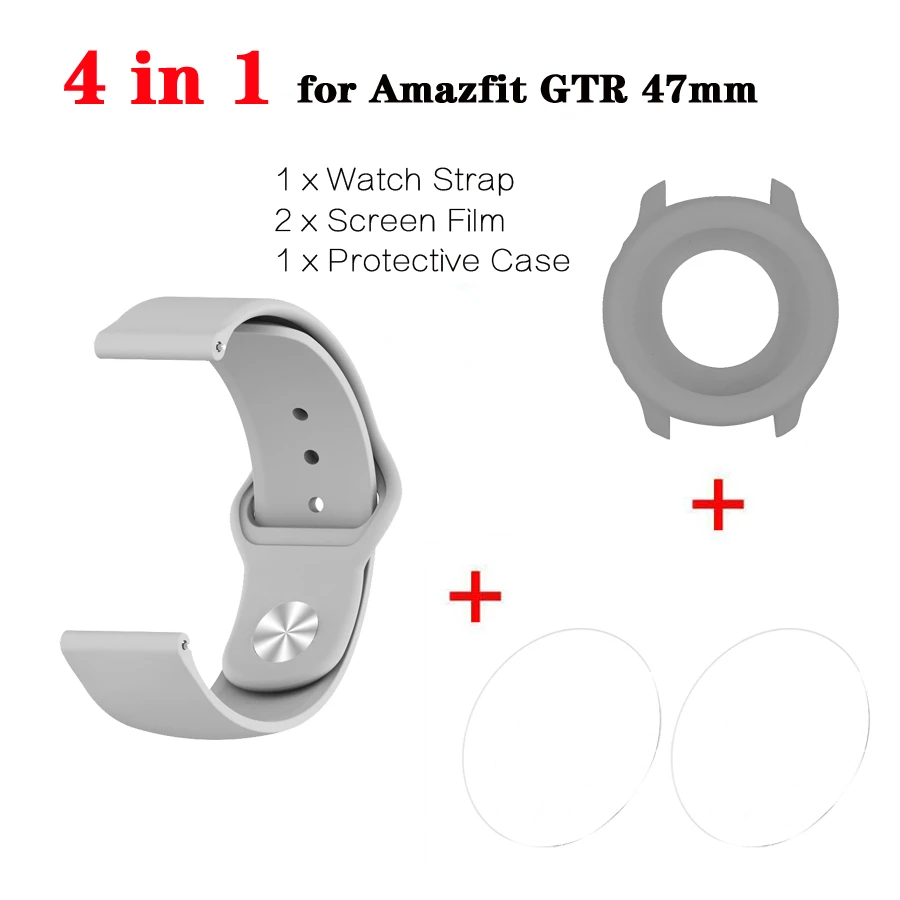 Серый 4 в 1 для Amazfit GTR ремешок браслет+ чехол для часов бампер+ Закаленное стекло протектор экрана для Huami Amazfit GTR 47 мм - Цвет: Серый