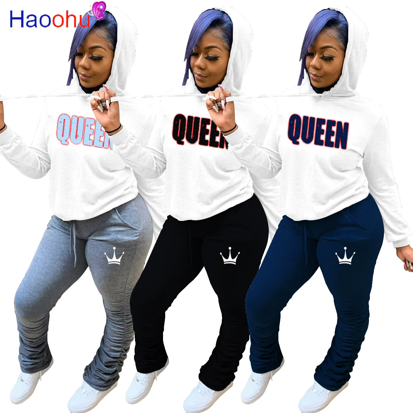 

HAOOHU Activewear Queen Letter Sweatsuit Women's Set Pullover Hoodies Jogger Pants Suit Tracksuit Two Piece Set Fitness Outfit