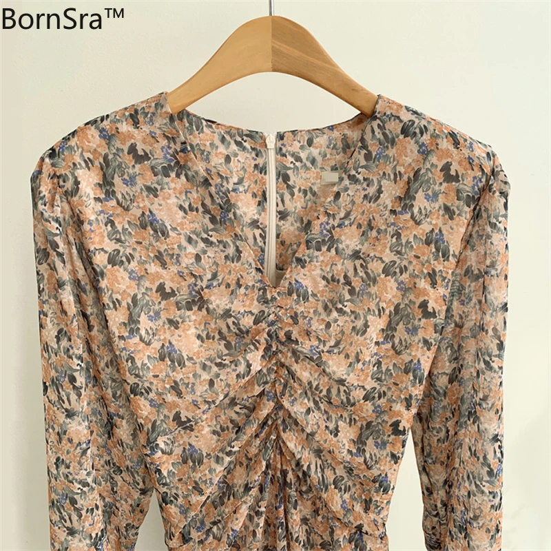 

BornSra 2020 Summer Slim Waist Floral Print Chiffon Women Dress Female A-line Dress Elegant Chic Lace Up Midi Vestidos Femme