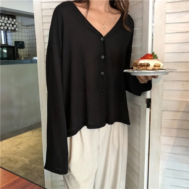 

Blouses Shirts Women Long Sleeve Single Breasted Solid V-neck Elegant Office Ladies Daily Casual Korean Loose Breathable Chic