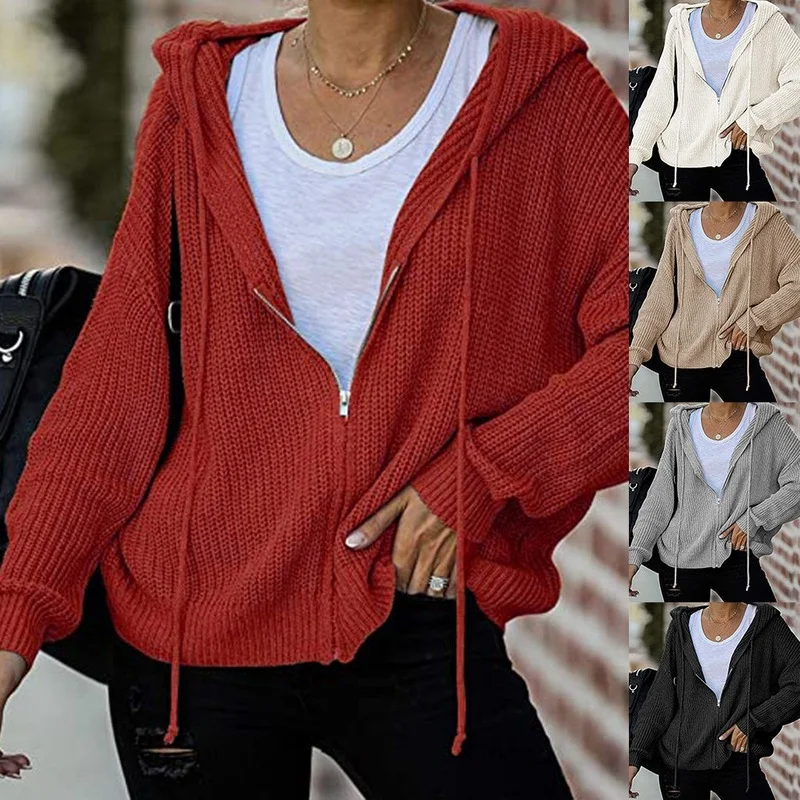 

2021 Fashion Oversized Jacket Women Home Casual Hooded Zipper Coat Cardigan Autumn Thick Knit Jackets Winter Clothes Mujer Coats