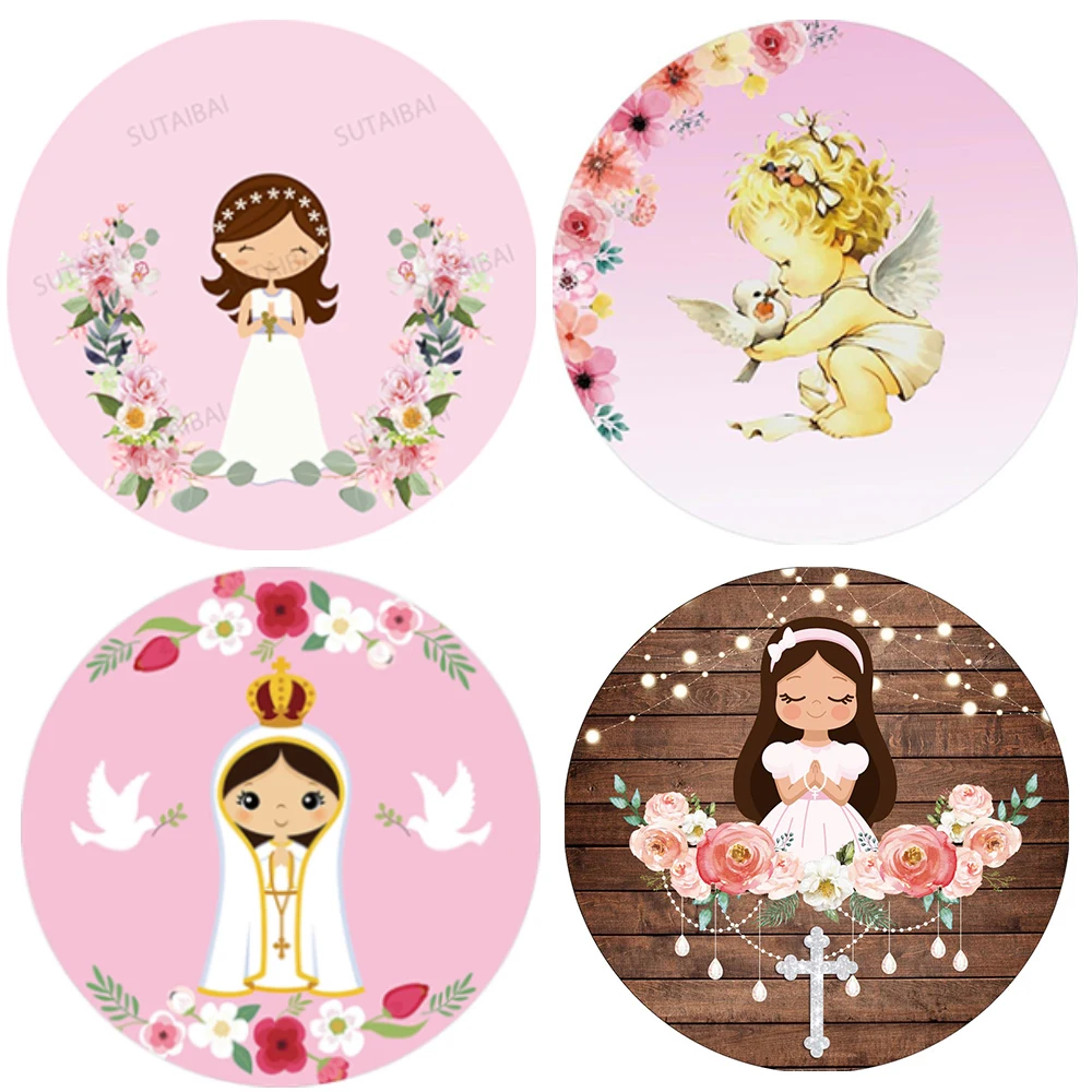 

Girl My First Communion Round Backdrop Cover Brown Wood Cross Flowers Photo Background Circle Banner Photography Photo Studio