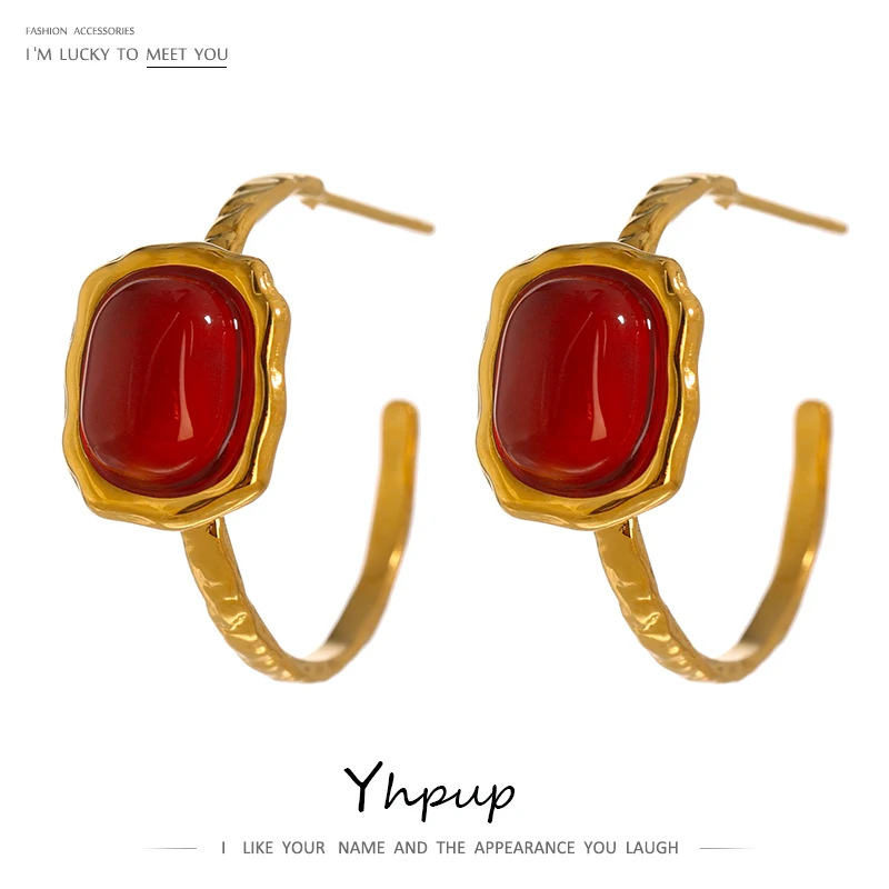 

Yhpup Water Proof Stainless Steel Red Stone Agate Hoop Earrings Minimalist Gold Metal Geometric Fashion Jewelry Aretes De Mujer
