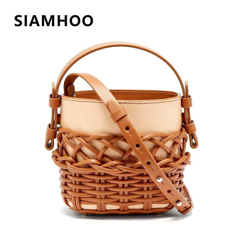 

SIAMHOO Woven Basket Bucket Bag For Women Casual Fashion Female Leather Handbag Luxury Designer Brand Shoulder Bags 2021 New Bag
