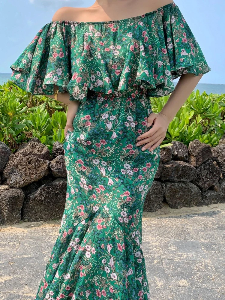 

Summer Women's One Shoulder Green Beach Dress Sexy Chiffon Tube Top Strapless Floral Fishtail Dress Female Robe