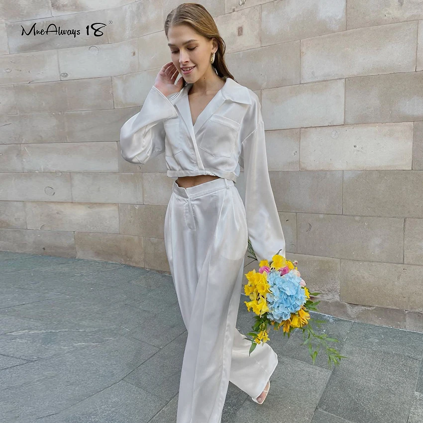 

Mnealways18 White Satin Wide Leg Trousers Women Floor-Length High Waist Trousers Female Fashion Zip 2021 Wide Long Pants Pocket