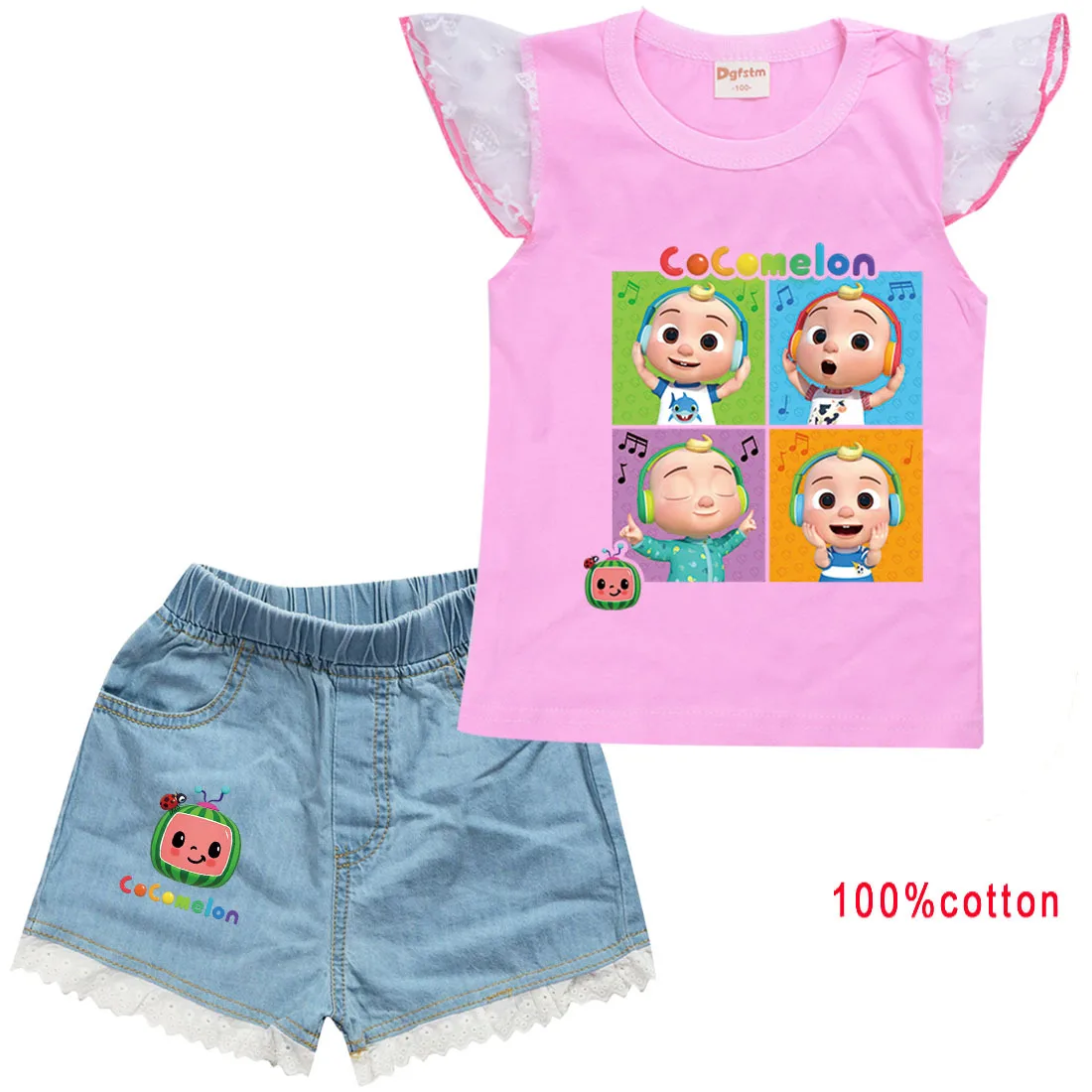 

2021 Summer Baby Cocomelon Song T-shirt+lace Denim Shorts 2pcs Sets Kids Casual TrackSuit Toddler Girl Outfits Children Clothing