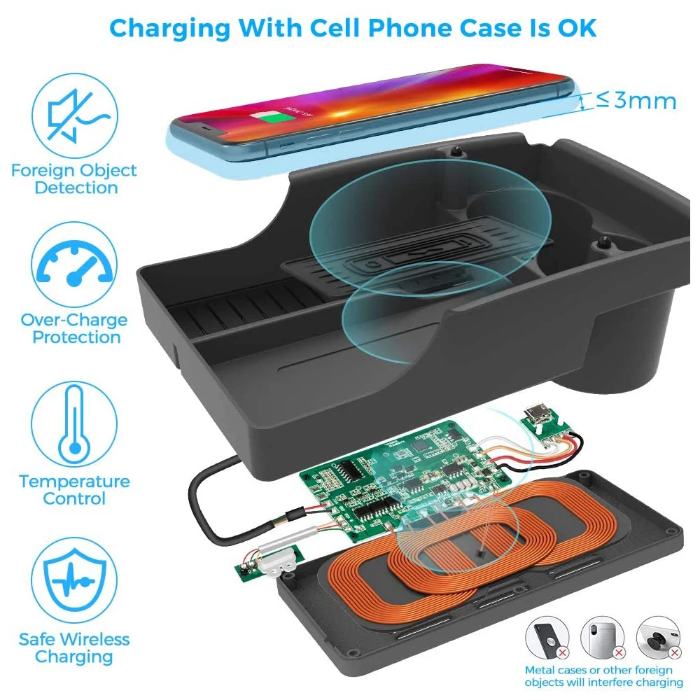 Купить Беспроводной органайзер для зарядного устройства для телефона Qi, коробка с держателем для чашки и кабелем Type-C, центральная консоль, лоток д...