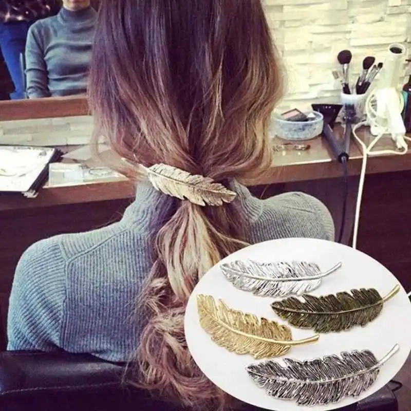 Модная женская заколка для волос с листьями и перьями Пряжка заколки невидимки