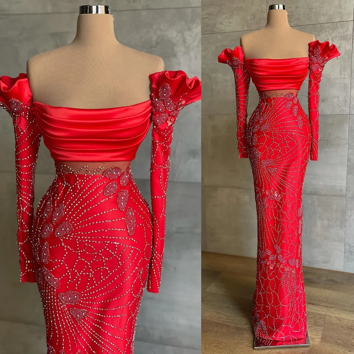 

Винтажное красное женское платье с открытыми плечами и бусинами