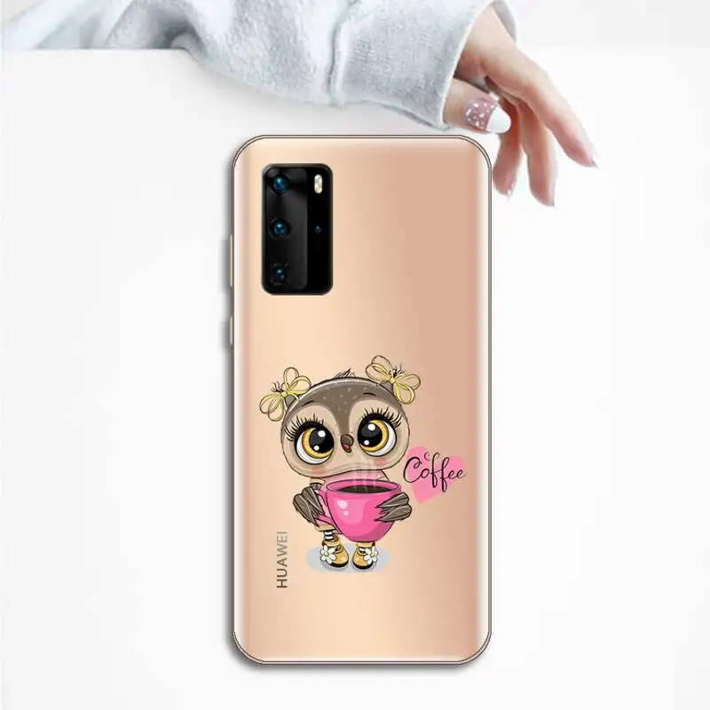 

Cute Owl Black Phone Case Transparent for huawei honor P 40 30 20 lite Pro 10 i 8 9 x p smart 2019