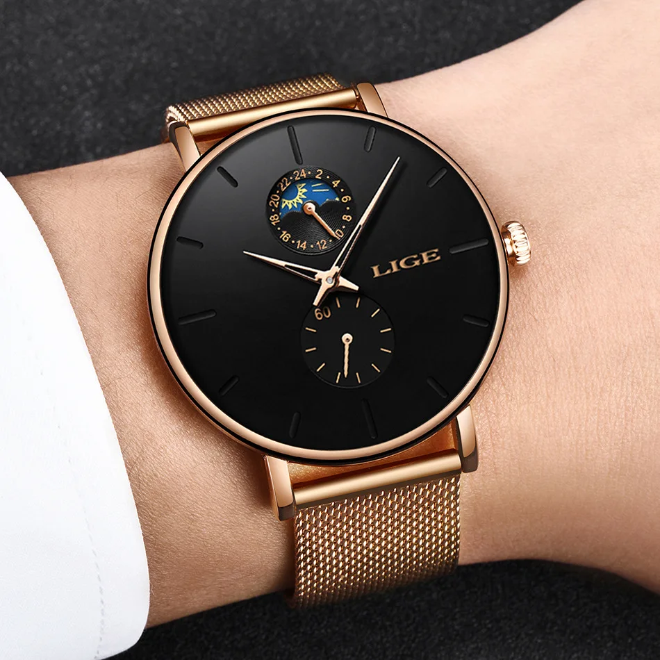 

LIGE 9955 Trendy Mens Quartz Watches Moon Phase Chrono Waterproof Luxury Brand Stainless Steel Mesh Watch Men