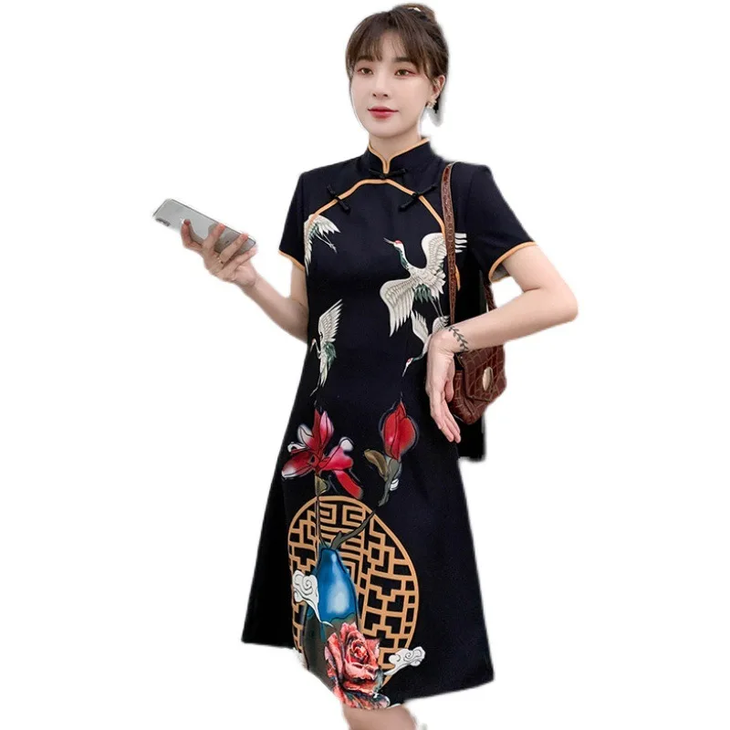 

Guochao Retro Crane Printed Dress Summer New Daily Improvement Slim Cheongsam