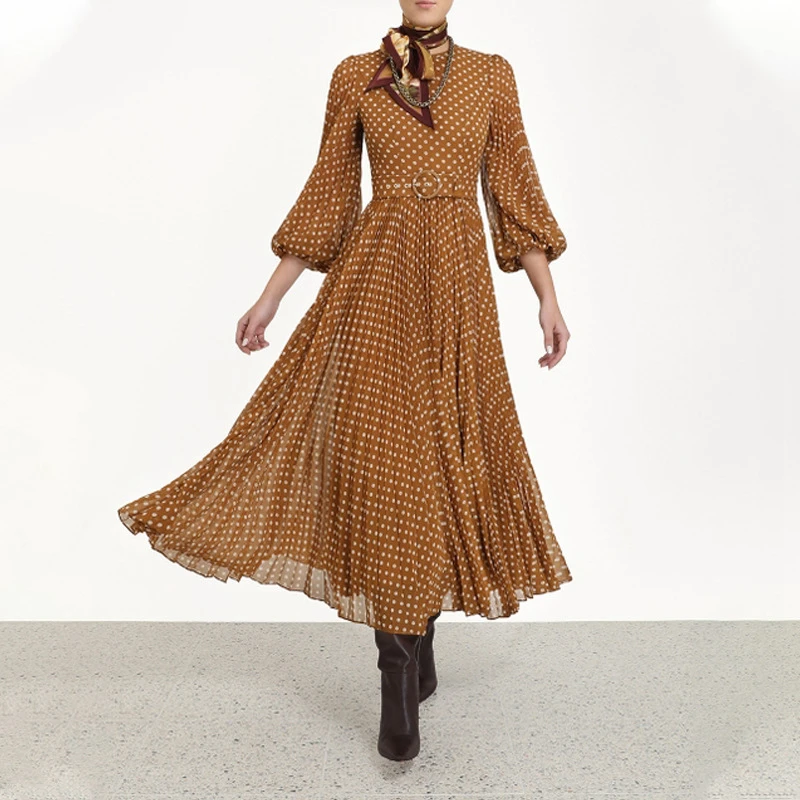 2019 осенне зимнее платье женское винтажное дизайнерское в горошек с длинным
