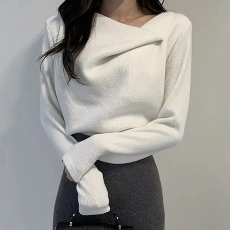 

Модный женский топ, стильные однотонные Топы с длинным рукавом, осенне-зимний теплый Универсальный Новый пуловер, топы, футболка, женский св...