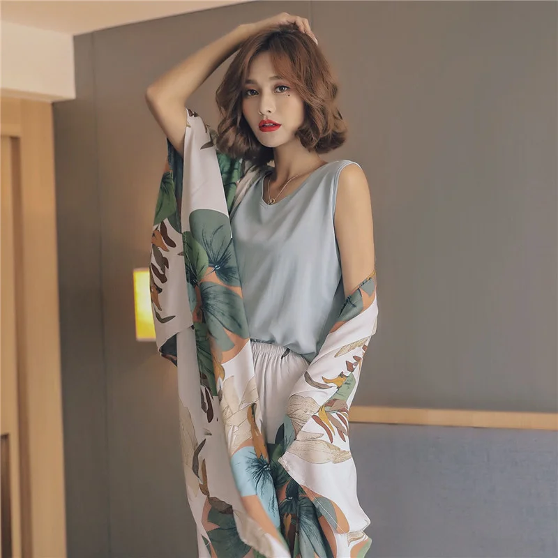 

4 Piece Spring Summer Women Pajamas Sets Floral Printed Pajamas Set Viscose Top and Shorts Female Night Suit Set