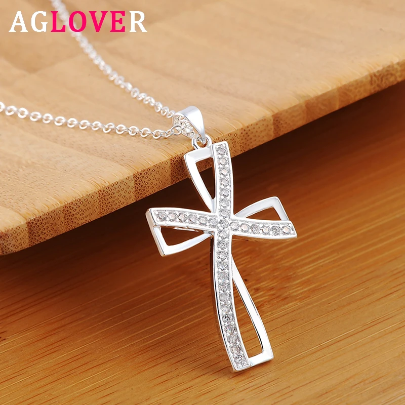 

AGLOVER AAA Zircon 925 Sterling Silver Fine Cross Pendant Necklace For Woman Fashion Wedding Jewelry Gift