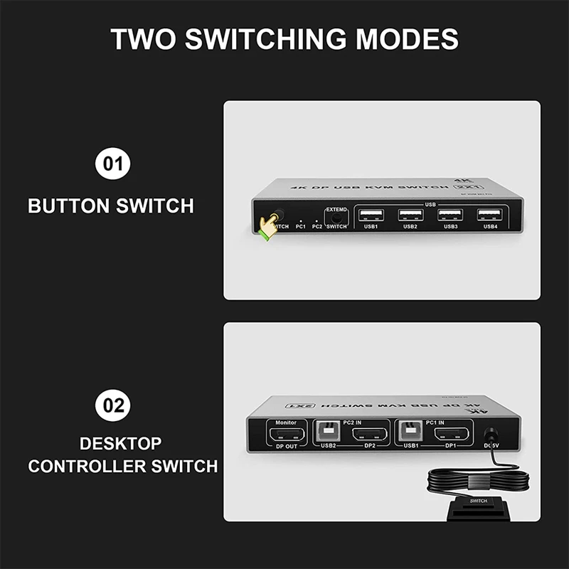 KVM-переключатель 2 порта 4K 60 Гц Ultra HD USB и DP переключатель компьютера 1 монитор