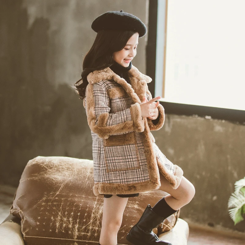 Подростковое плотное шерстяное кашемировое пальто в клетку для девочек